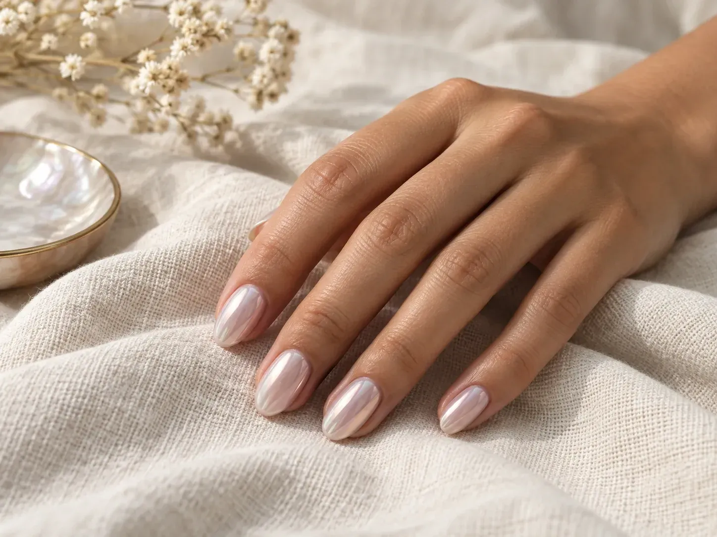 Glazed chrome nails on a short almond shape