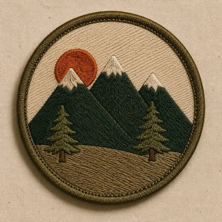 A close-up of a classic embroidered round patch with a clear border