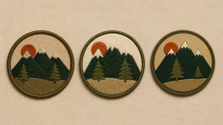 Three patches with the same graphic in different stitch techniques