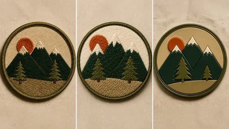 Three technique close-ups compared: classic embroidery, chenille and glossy PVC