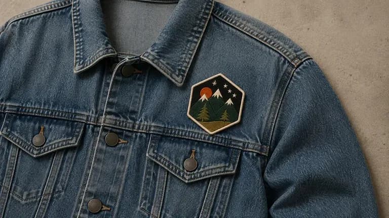 A bold graphic patch pinned to a denim jacket