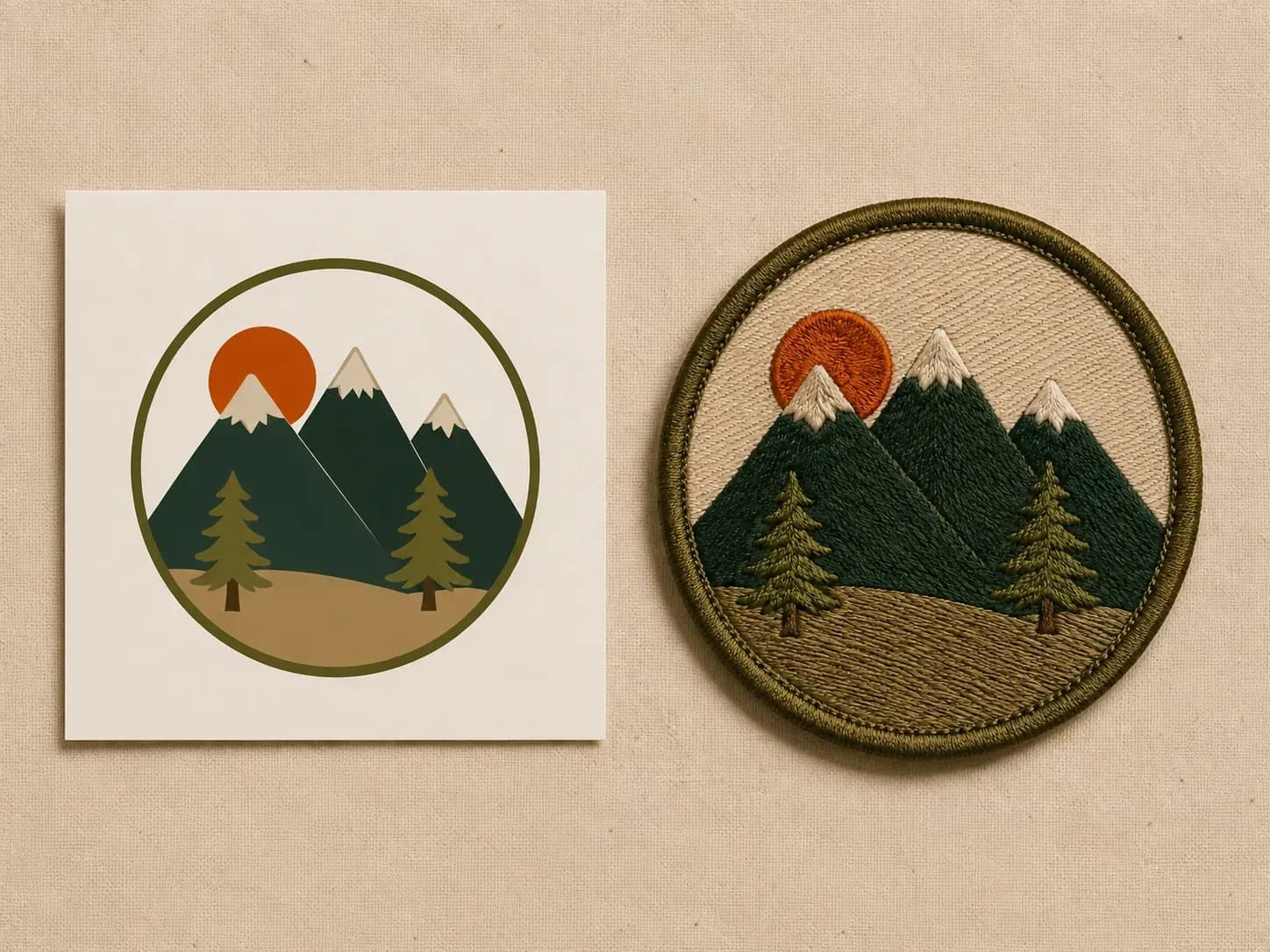 A mountain graphic reference beside the same design embroidered into a round olive patch