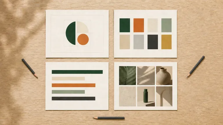 Style guide pages spread across a meeting table for a marketing team to review