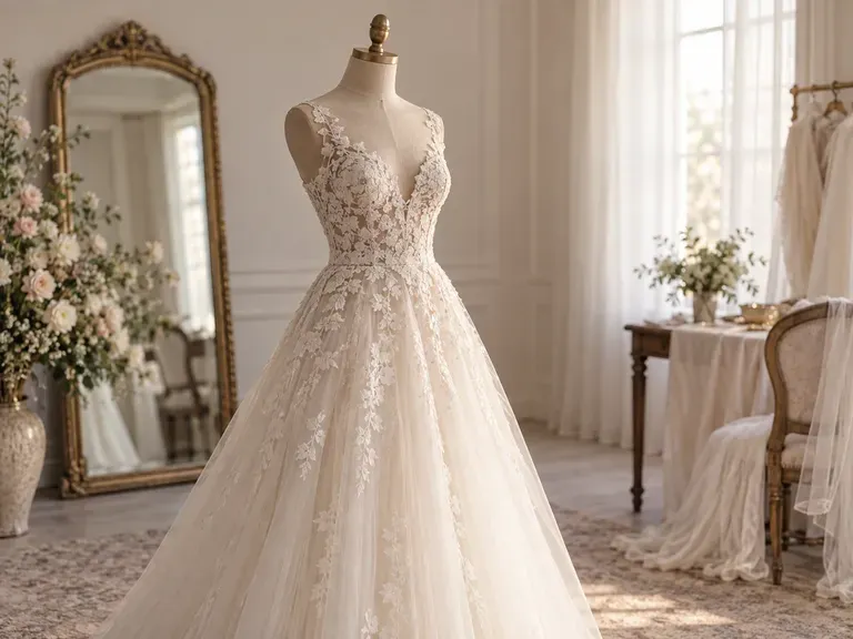 Lace A-Line Gowns: a fitted lace bodice over a soft skirt