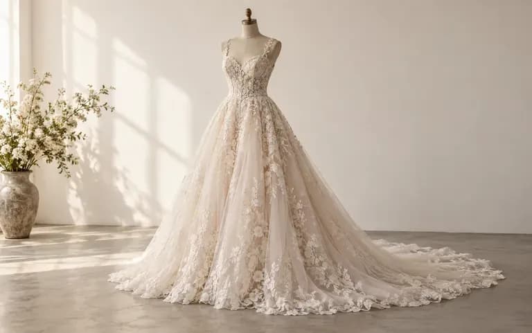 A gown design shown on its own, without a person's photo