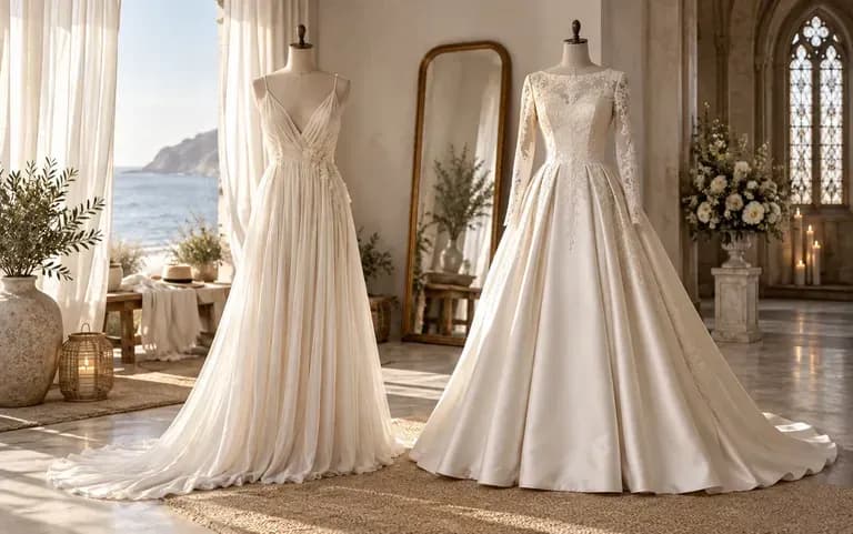 Two gowns designed for a beach and a church ceremony