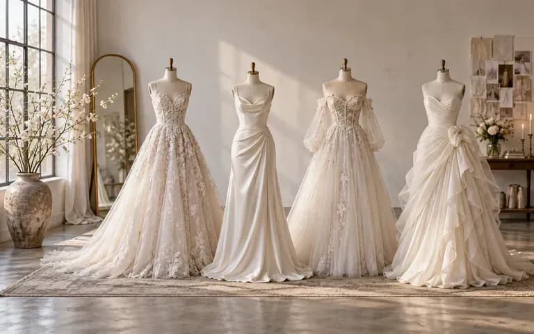 Several gown directions kept side by side on a canvas