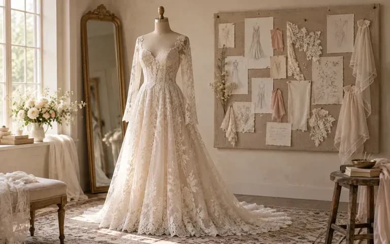 An original gown design generated from a bride's written list of details