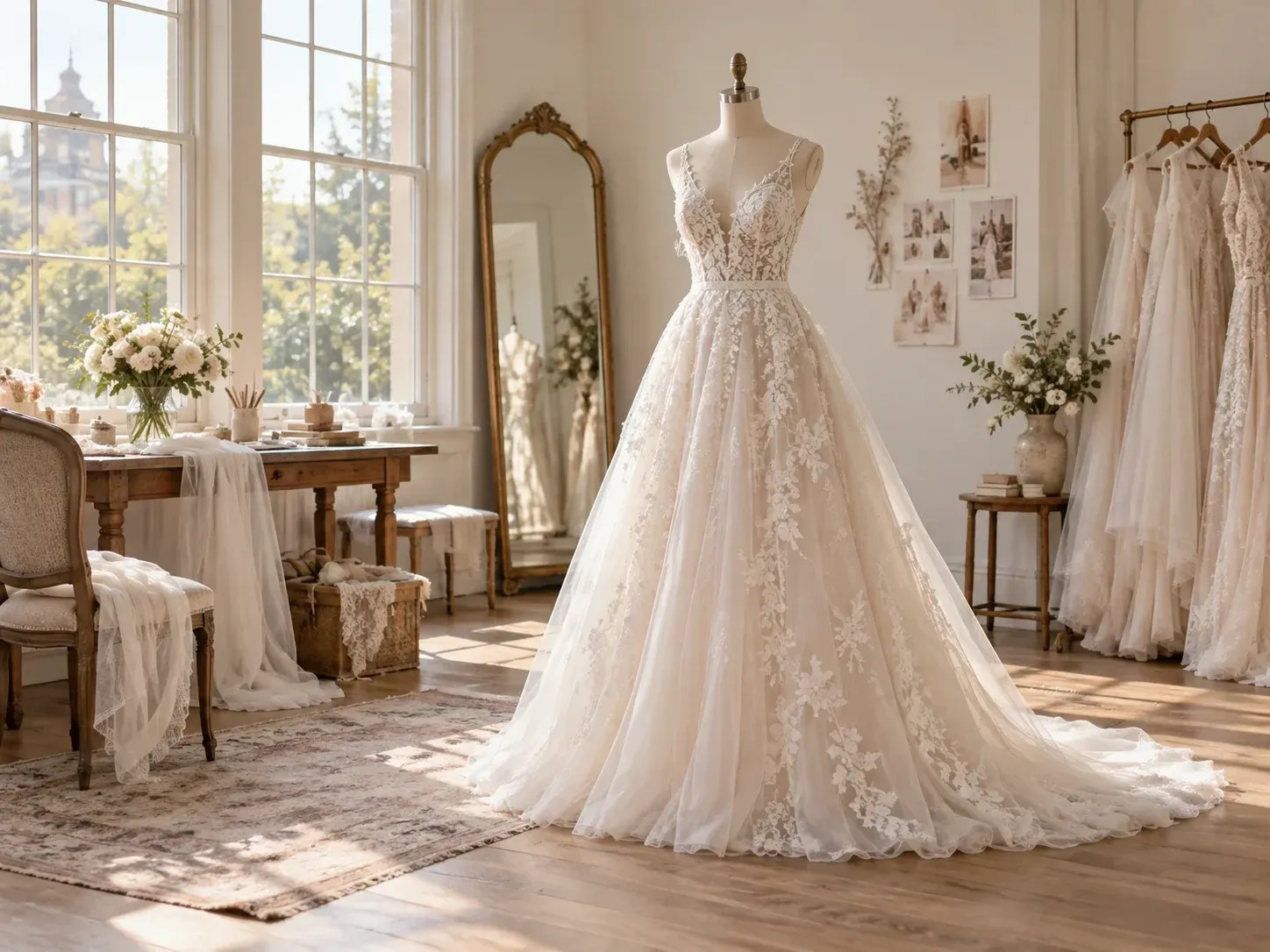 An A-line lace gown drawn from a short written description