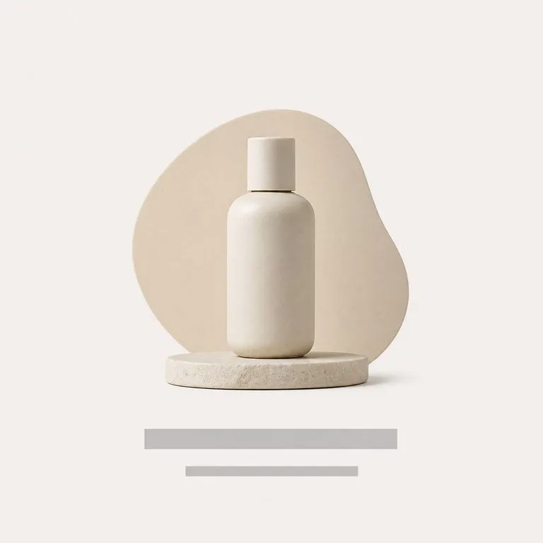 A calm low-contrast poster built around a matte skincare bottle
