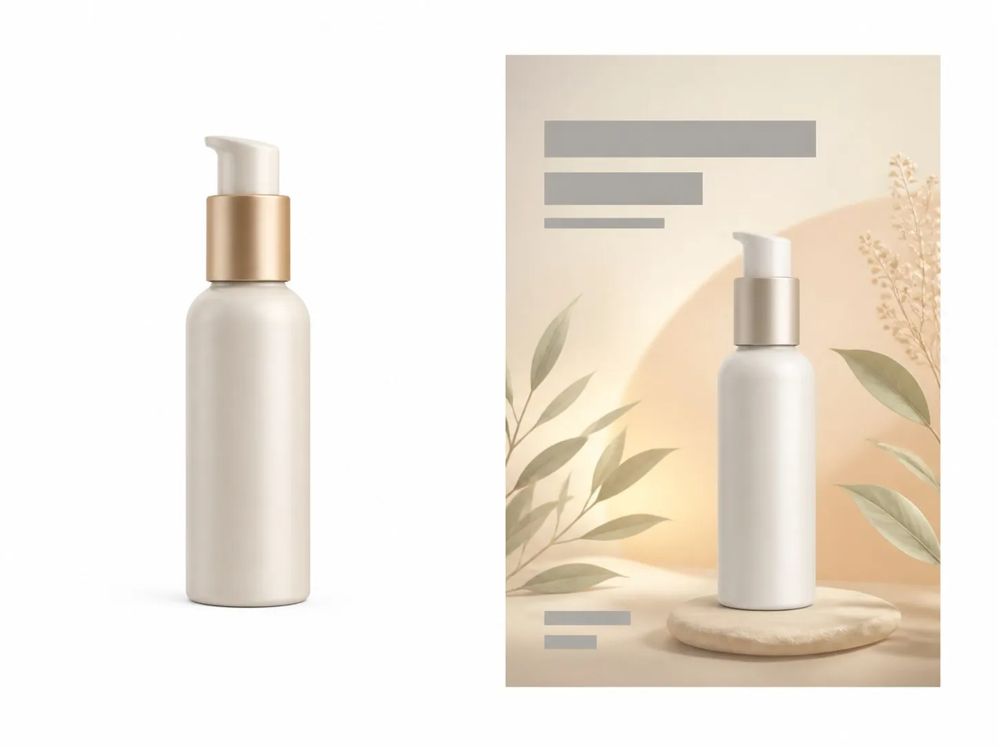 A plain skincare packshot on the left and a finished themed poster built around it on the right