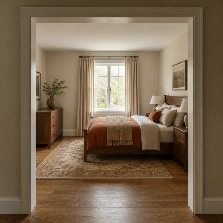 A close-up of a cosy, layered bedroom after a redesign