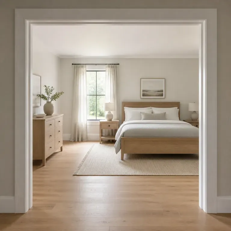 A close-up of a bright, airy bedroom after a redesign