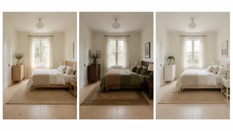 The same bedroom shown in three directions: warm minimal, cosy layered, bright and airy