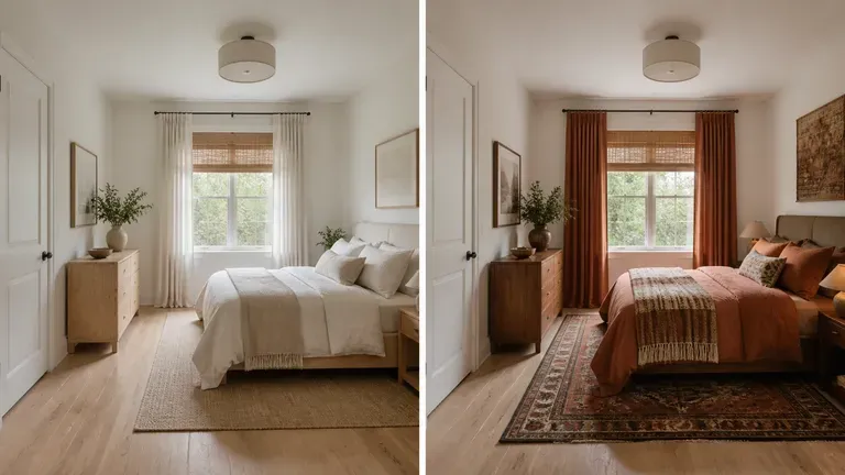 Two model interpretations of the same bedroom preview placed side by side