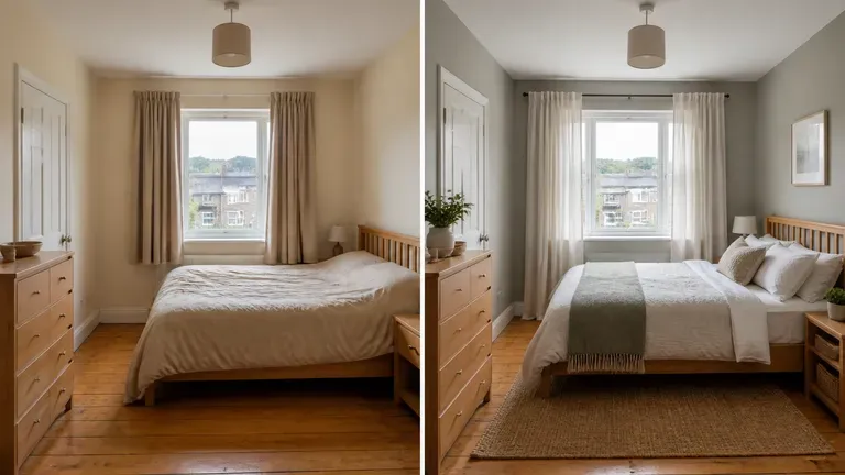 An ordinary bedroom shown before and after a redesign
