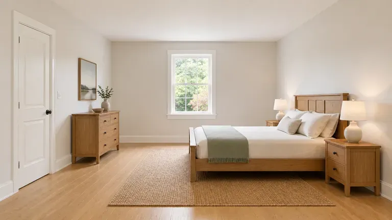 A bedroom redesign preview shot in a bright, real-estate-style composition