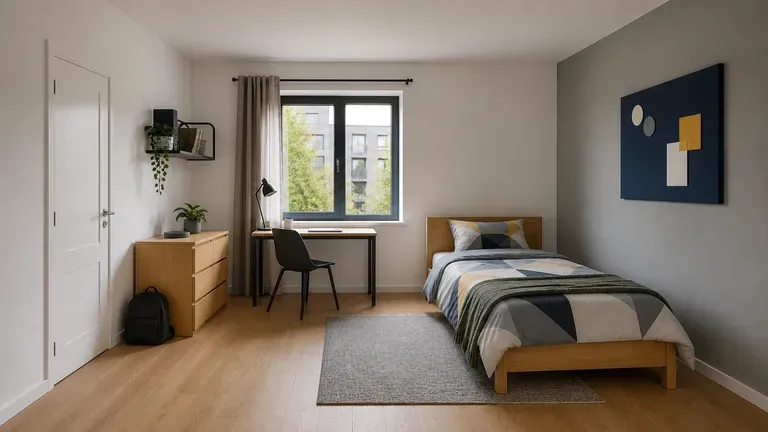 A student apartment bedroom redesign preview with a younger, casual mood