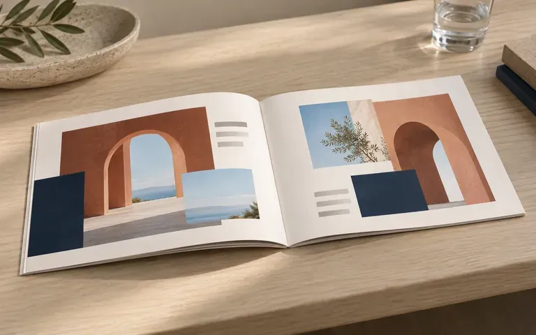 A landscape booklet shown with its binding edge visible