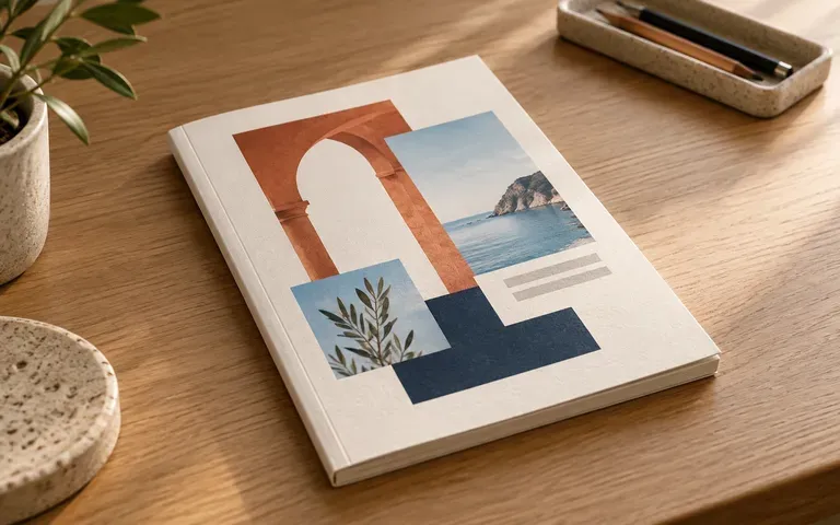 A booklet resting on a desk with the page edges and paper texture visible