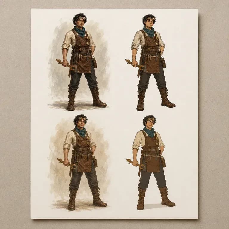 Several small render thumbnails of the same character from different prompt versions