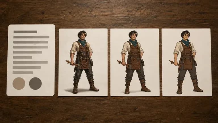 A prompt card beside three test render thumbnails of the same character