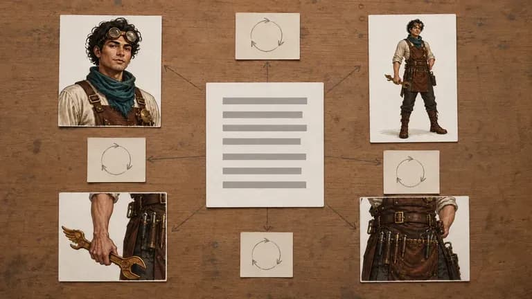 A prompt card surrounded by character test renders and handwritten notes on a canvas