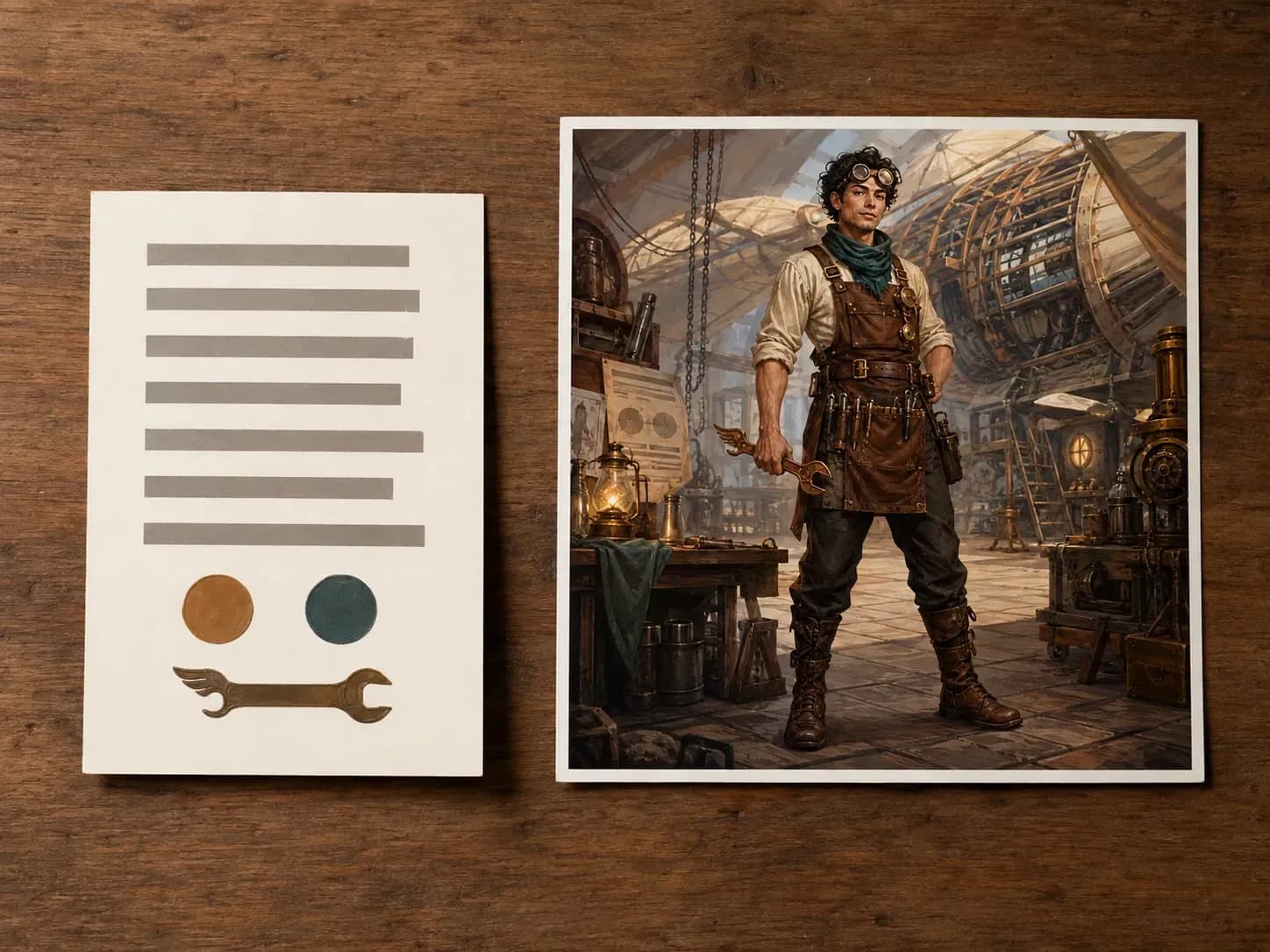 A printed character brief card beside the original concept art it produced: a steampunk airship mechanic