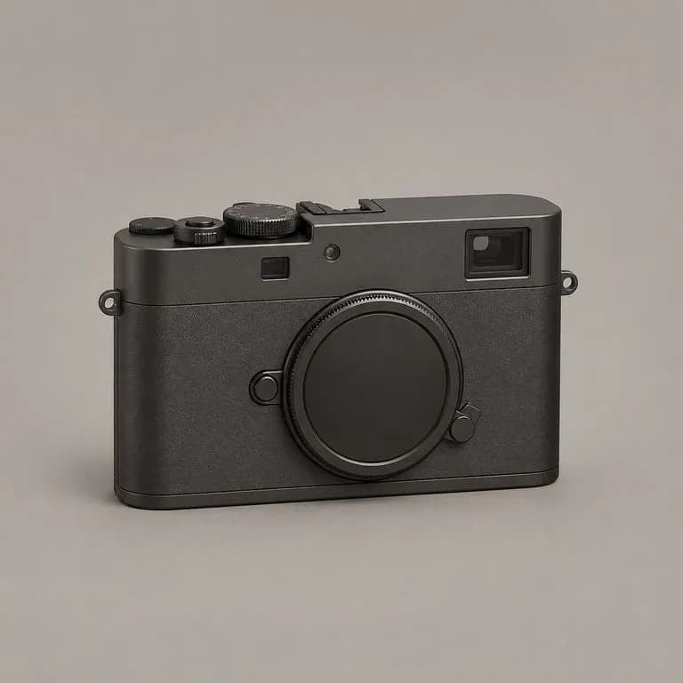 A compact camera body rendered in anodised metal with a fine machined texture