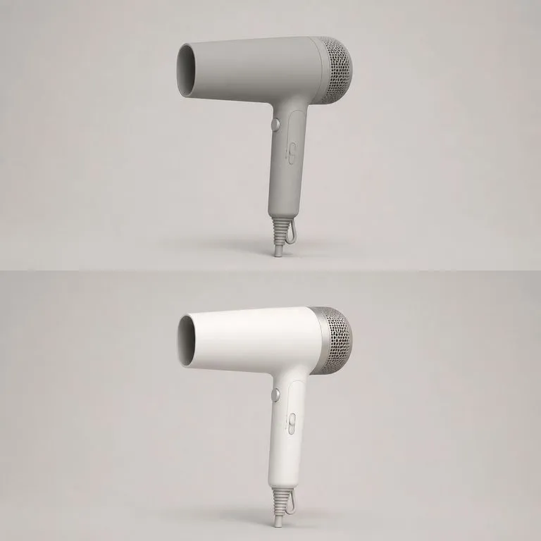 A hair dryer shown as a grey model above and as a finished studio render below