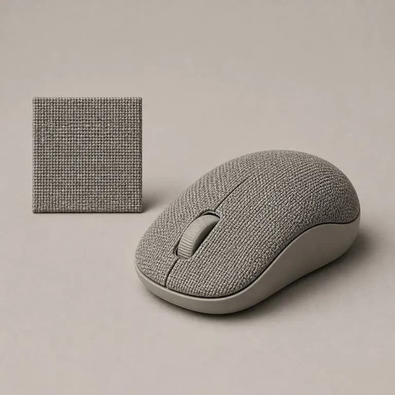 A fabric swatch beside a computer mouse rendered with that same woven finish on its shell