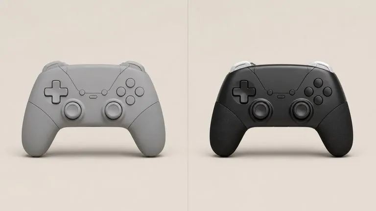 A grey game controller model beside the finished render where each part break has become a separate material