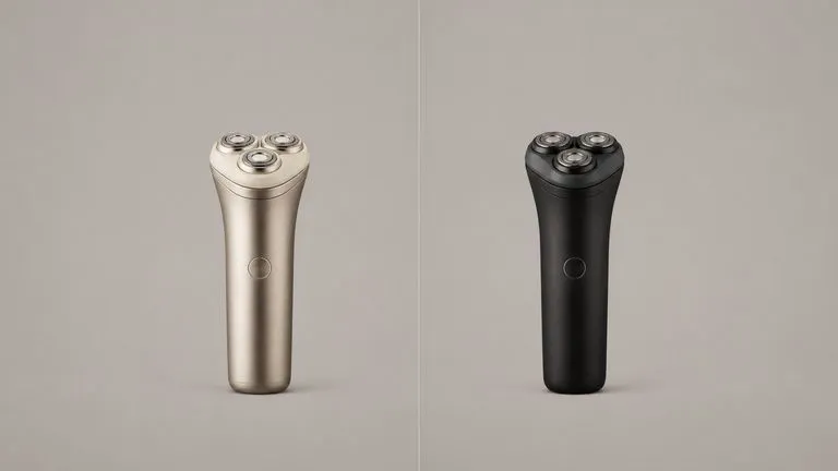 One electric shaver rendered twice from two different material briefs on identical geometry