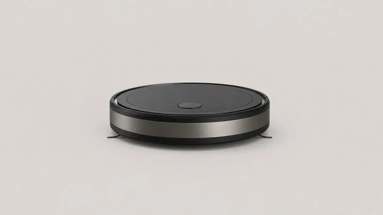 A single finished render of a robot vacuum presented alone on a clean pale board