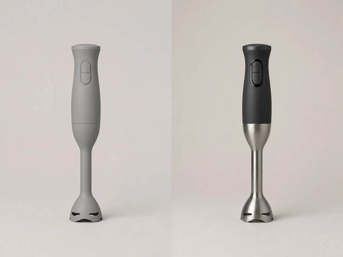 A hand blender as an untextured grey clay render on the left and as a finished product shot on the right