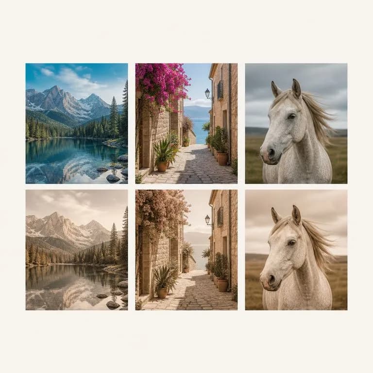 Three source photos above their three graded versions sharing one look