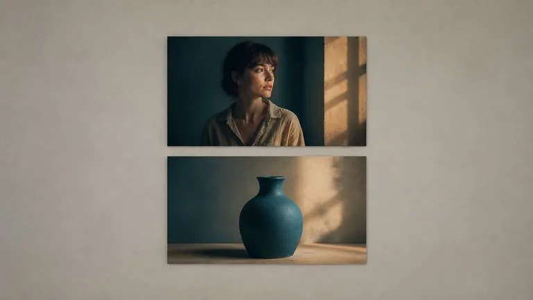 A film-still reference pinned above a product photograph carrying its palette