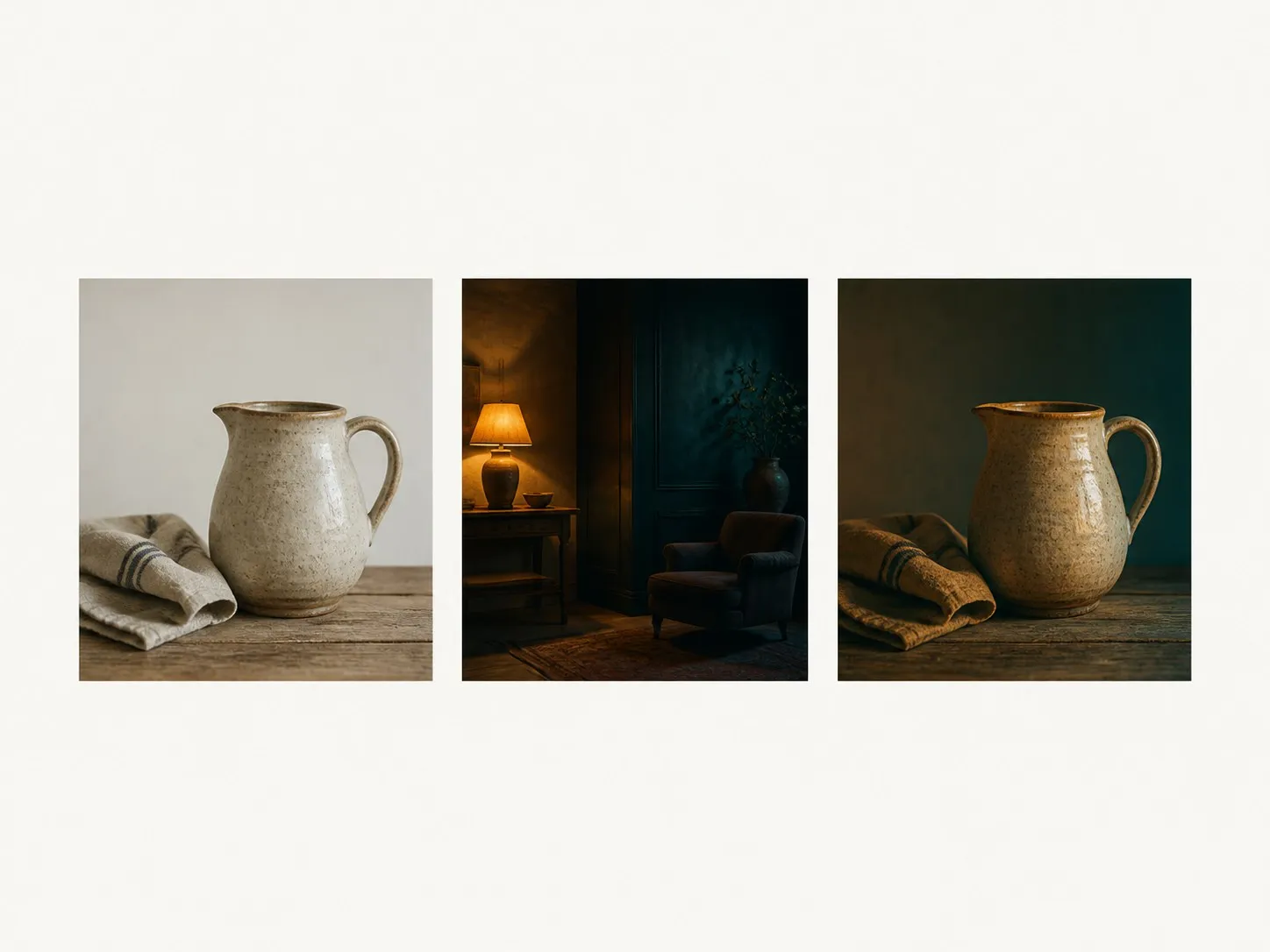 A source photo, a tone reference and the graded result laid out in a row