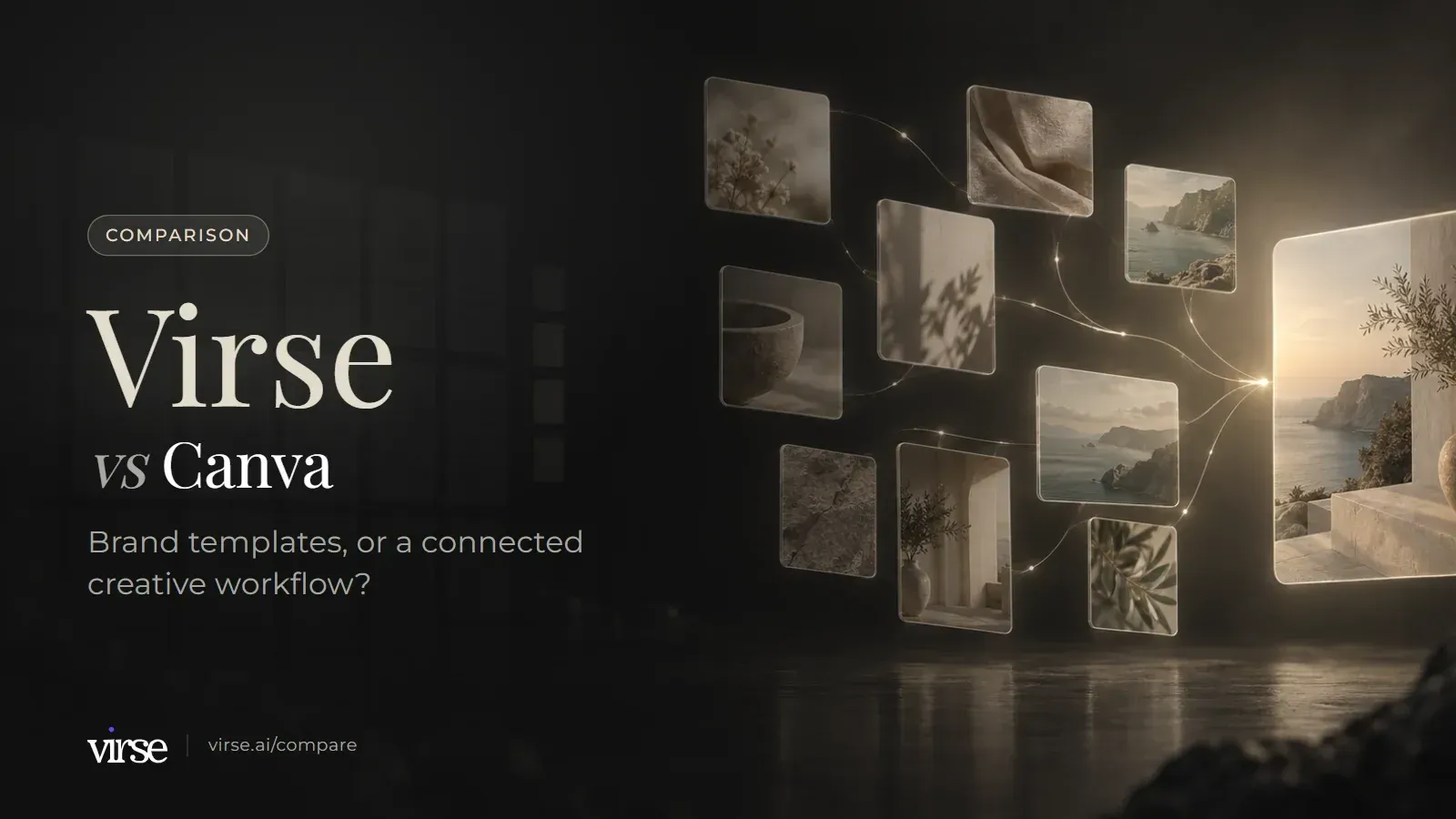 Virse vs Canva: floating image cards linked by fine lines of light into one final image. Brand templates, or a connected creative workflow?