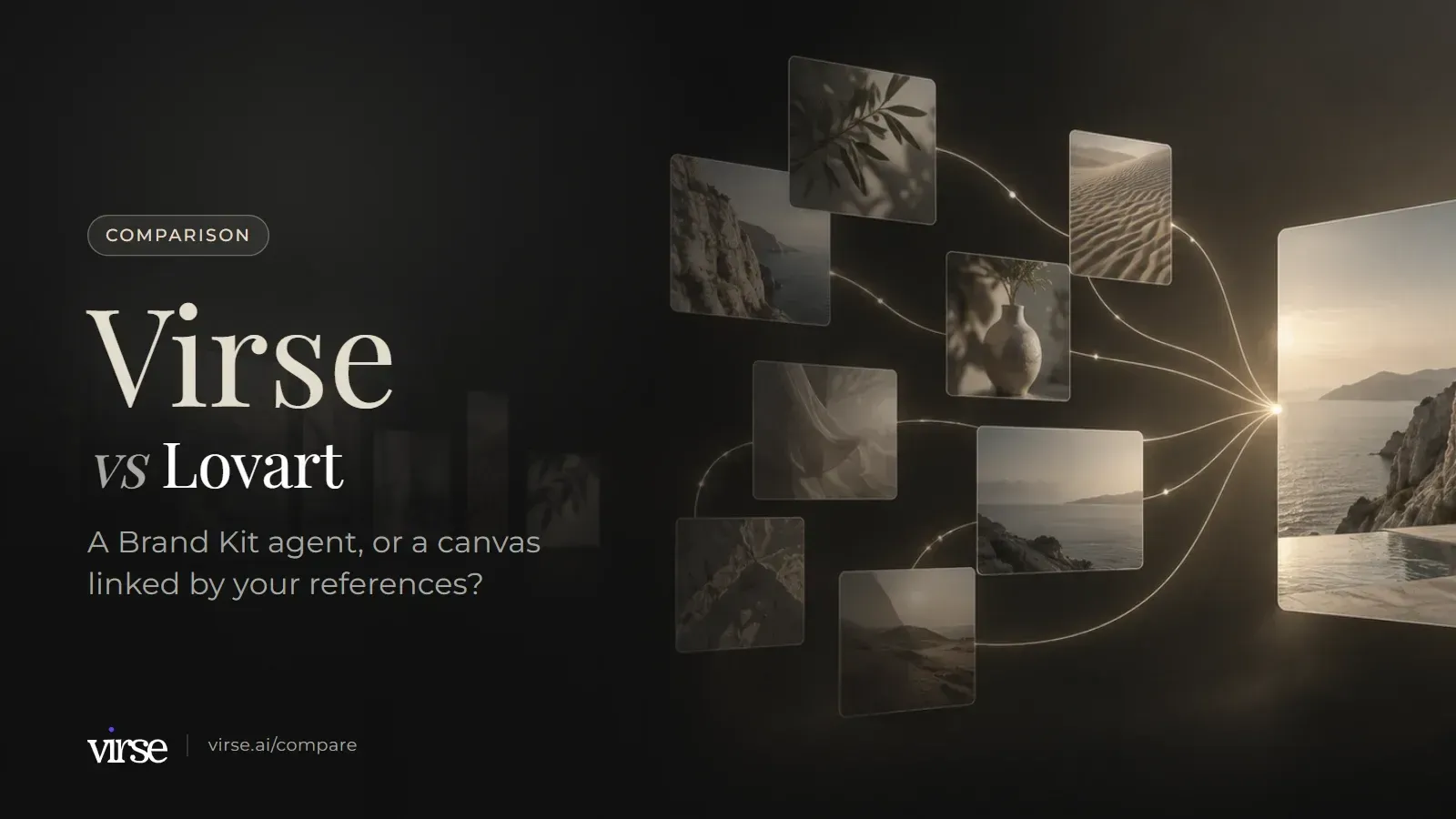Virse vs Lovart: floating image cards linked by fine lines of light into one final image. A Brand Kit agent, or a canvas linked by your references?
