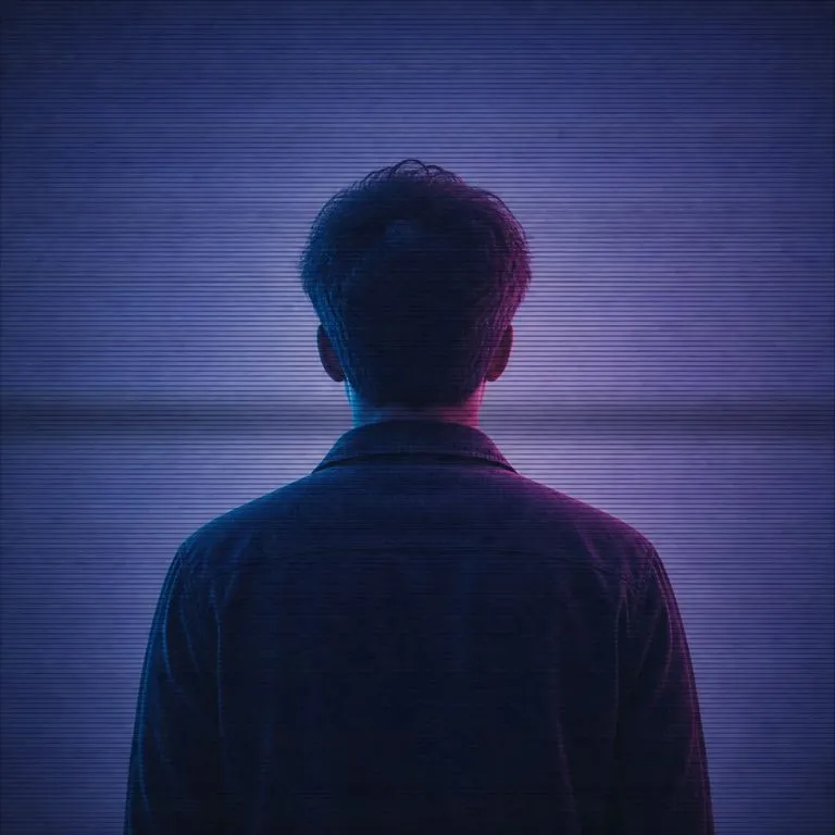 Fine horizontal scanlines used as texture over a back-turned portrait