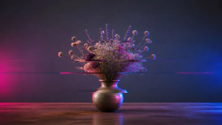 A still life at medium glitch intensity with displacement bands and neon bleed