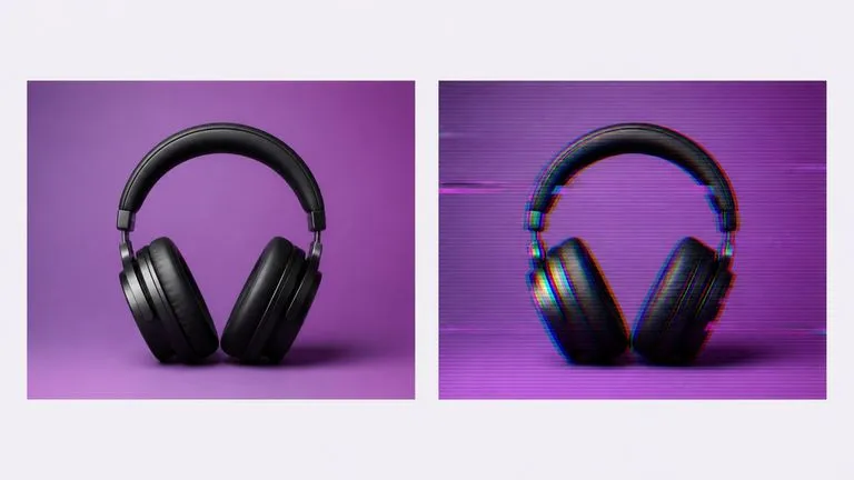 One product photo shown clean and glitched side by side for a campaign post