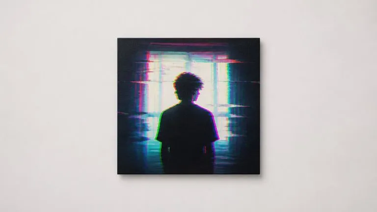A glitched press photo laid out as square cover art on a plain board