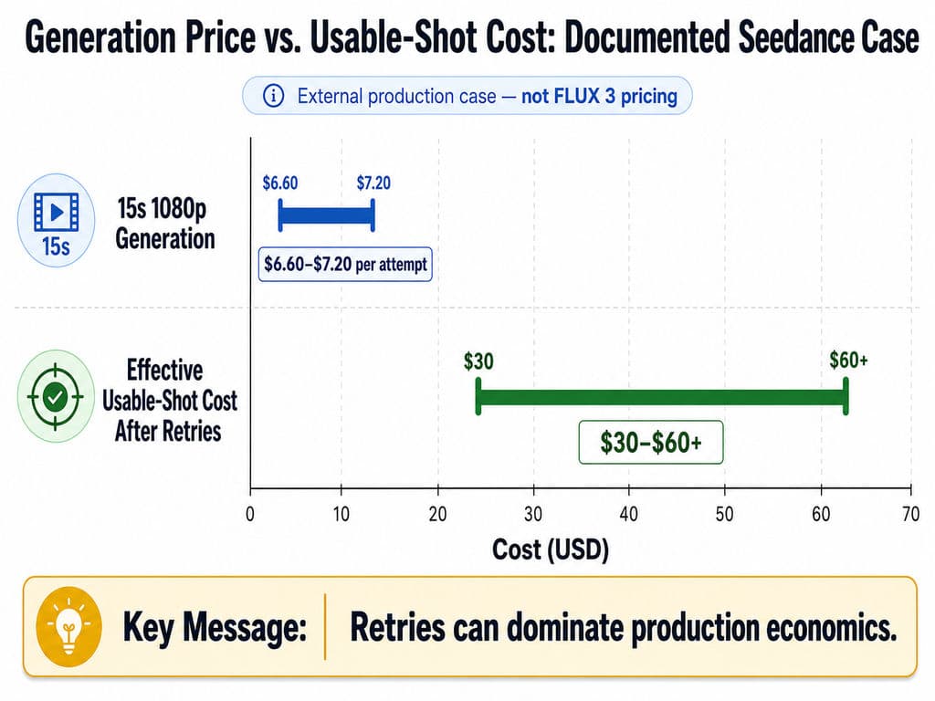 Range chart comparing a documented Seedance case with $6.60 to $7.20 per 15-second 1080p generation and approximately $30 to $60 or more per usable shot after retries. This is not FLUX 3 pricing.