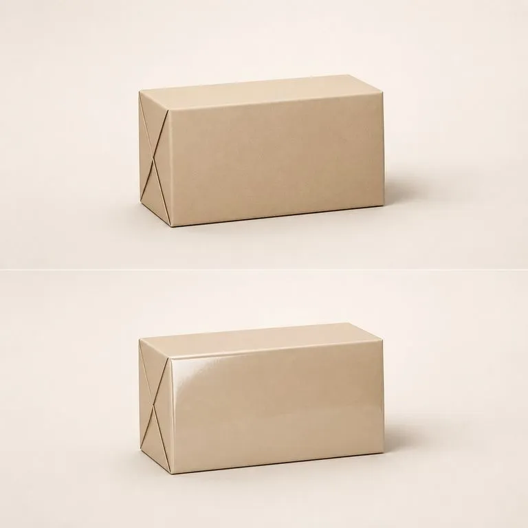 One carton rendered twice, matte laminate above and gloss laminate below