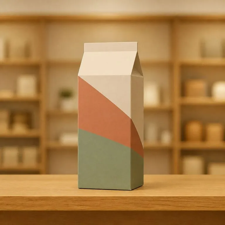 A folded carton standing on a wooden retail shelf with the shelving softly blurred behind