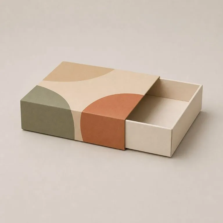 A two-part package with a printed sleeve slid partly off a plain base tray