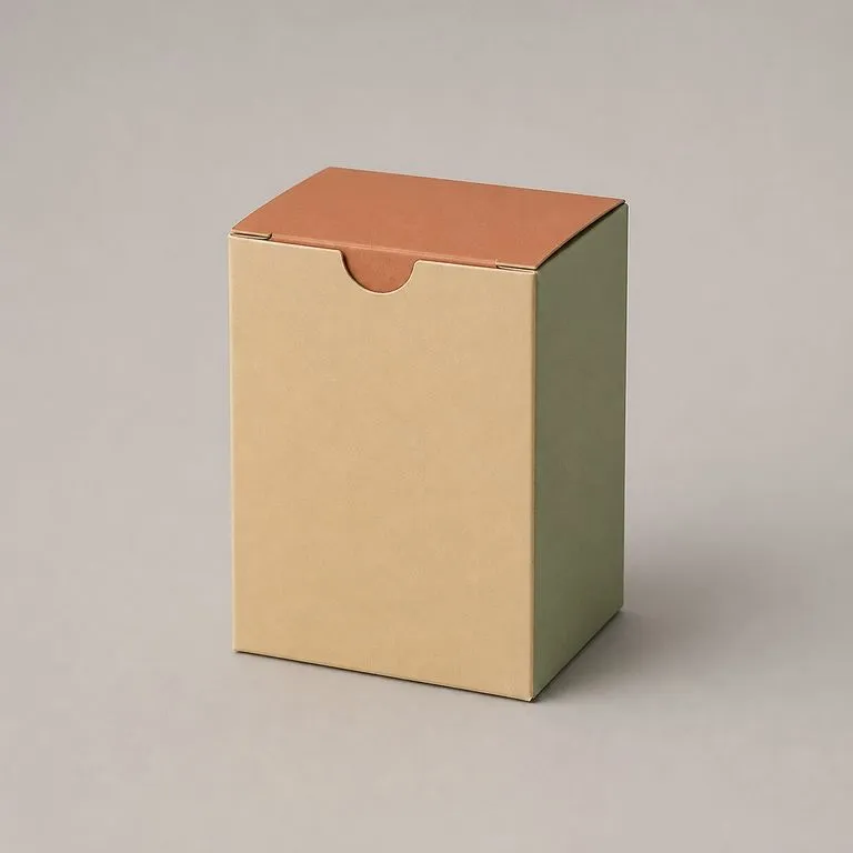 A folded tuck-top carton with front, side and top panels each carrying different colour