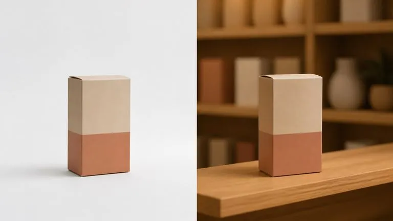 The same folded carton shown on a plain white ground and on a retail shelf